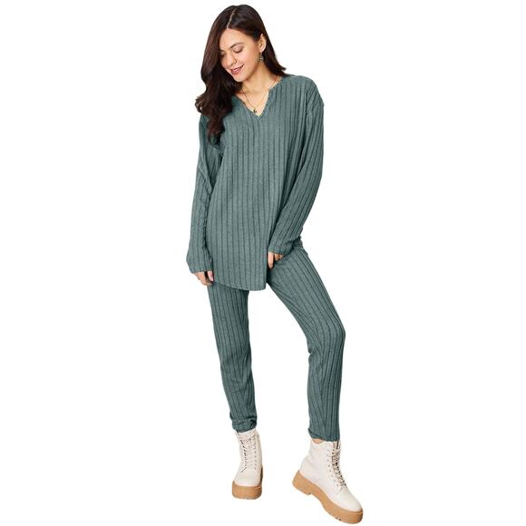 BASIC BAE Deep Teal 2 Piece Notched Long Sleeve Top & Pants Set Plus Size 3X NEW - Picture 2 of 6